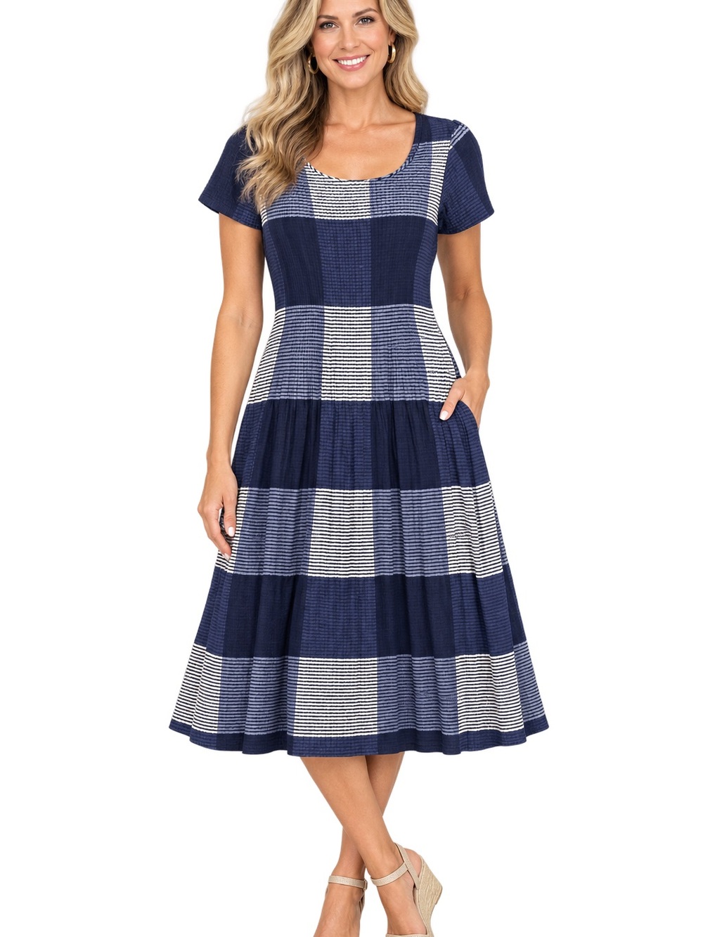 Navy and White Check Short-Sleeve Tiered Midi Dress